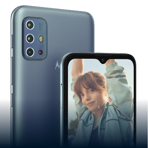 Câmera traseira do smartphone g60, com sensor de 108 MP. A imagem também demonstra os detalhes da câmera e do design do celular.