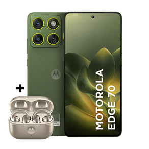 Kit smartphone motorola edge 70 256GB e fone moto buds loop Swarovski Champagne 24GB (8GB RAM + 16GB RAM Boost), Ultrafino, 3 cameras 50MP e tela extreme Amoled 120hz - Bronze Green