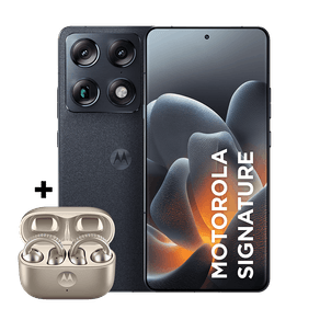 Kit smartphone motorola signature e fone moto buds loop Swarovski Champagne 512GB 24GB (12GB RAM + 12GB RAM Boost), 3 cameras 50MP Sony Lytia e Zoom 100x, Tela 1.5K extreme Amoled 165hz - Preto