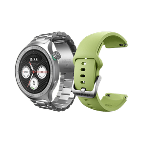 Smartwatch Moto Watch Powered by Polar, OLED 1.4" 47mm, GPS, IP68, 2 pulseiras (em aço prata + silicone verde), microfone e alto-falante