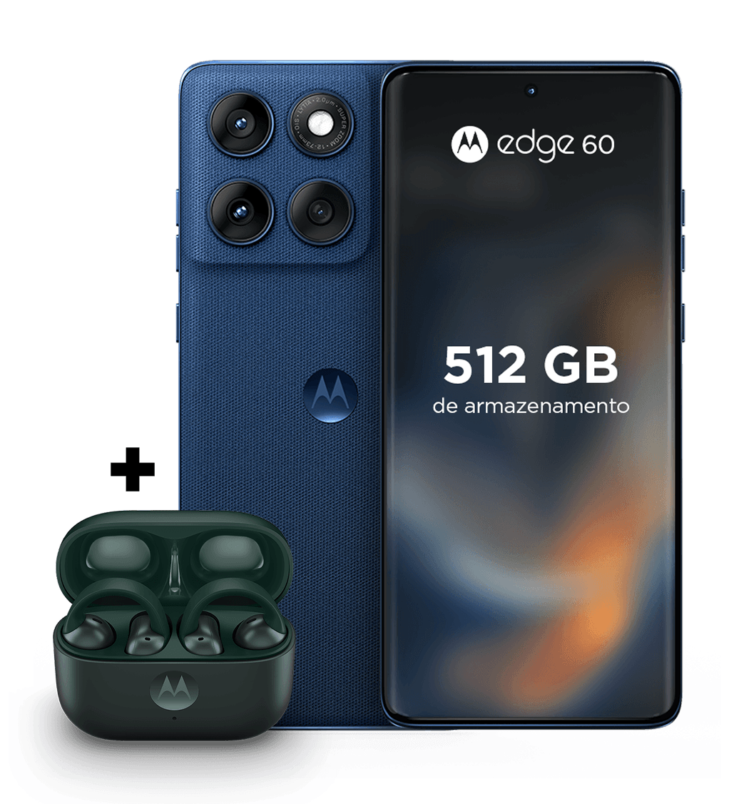 Kit motorola edge 60 e fone moto buds loop - 512GB - 12 GB RAM+12 GB Ram Boost, Tela Quad-Curve moto AI 50MP Sony Camera Ultrarresistência Militar IP68 + IP69 - Azul Marinho
