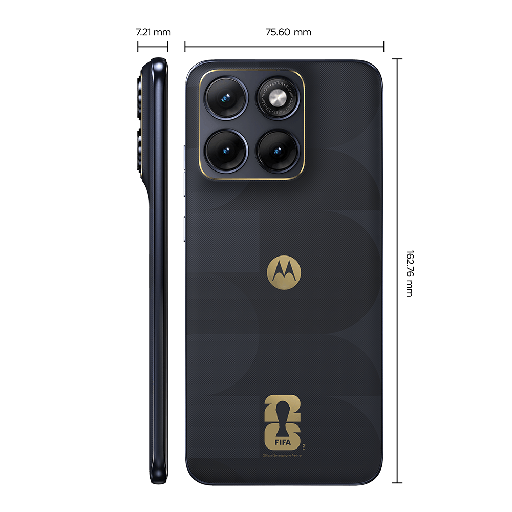 Celular-Motorola-Edge-70-Fusion-FIFA-World-Cup-26-–-traseira-com-logo-FIFA-dourado-e-dimensoes-do-produto-–-smartphone-motorola