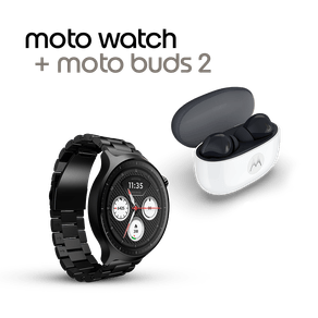 Kit Smartwatch Moto Watch + Moto Buds 2 Powered by Polar, OLED 1.4" 47mm, GPS, IP68, 2 pulseiras (aço preto + silicone preto), microfone e alto-falante