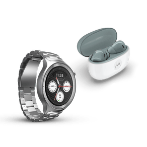Kit Smartwatch Moto Watch + Moto Buds 2 Powered by Polar, OLED 1.4" 47mm, GPS, IP68, 2 pulseiras (em aço prata + silicone verde), microfone e alto-falante